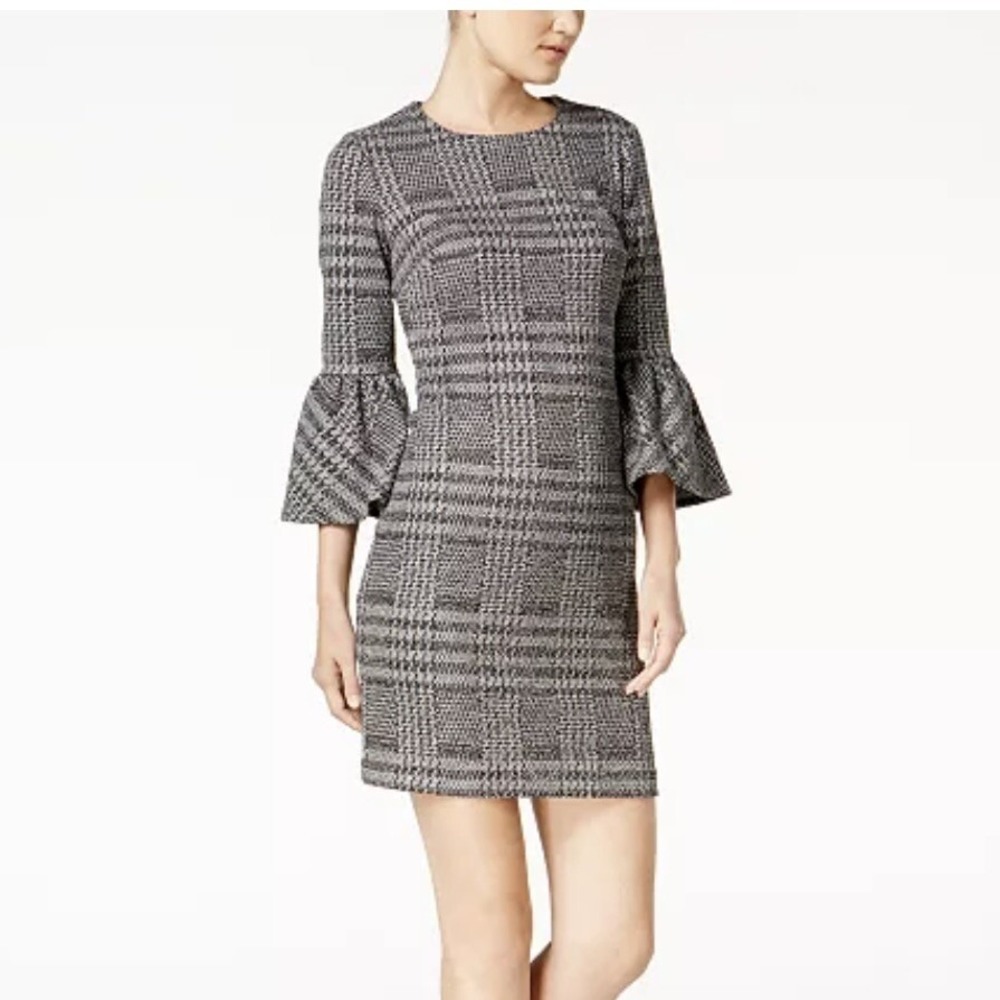 Calvin Klein Black White Houndstooth Plaid Bell Sleeve Sheath‎ Dress Size 6